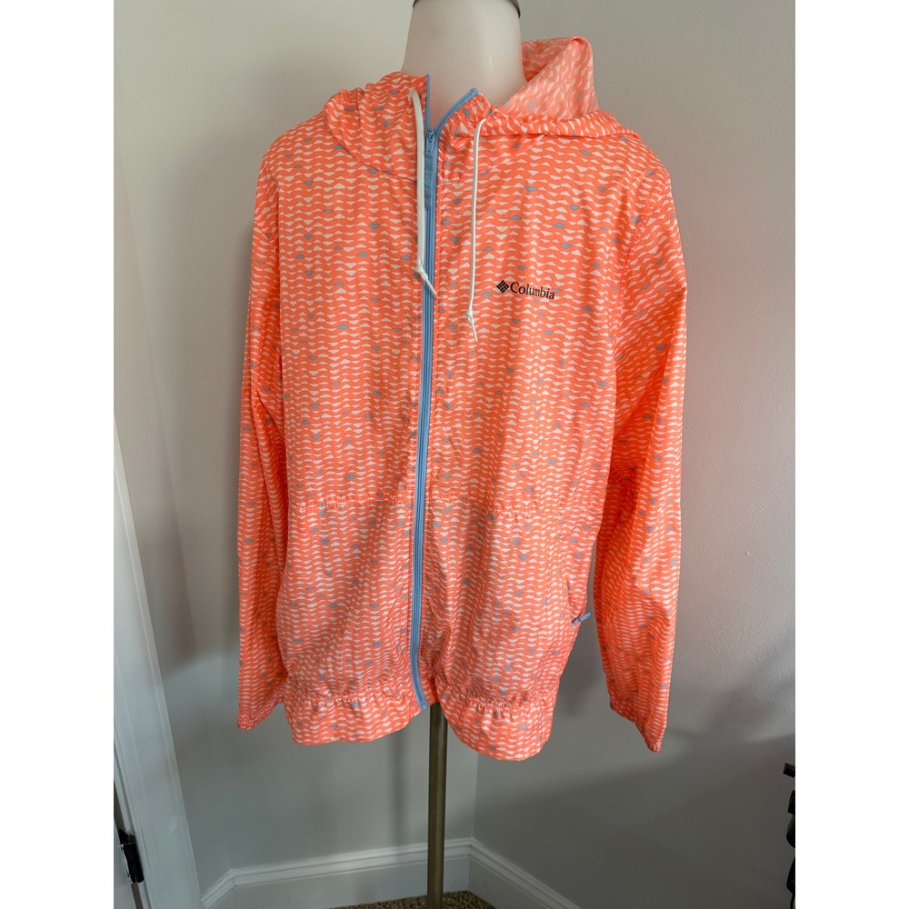 Columbia Womens L Orange Geometric Print Full Zip Hooded Windbreaker Jacket